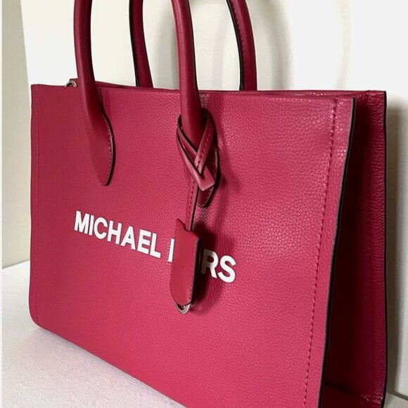 New Michael Kors Mirella Medium Pebbled Leather Tote Bag Dark Raspberry - Picture 2 of 5